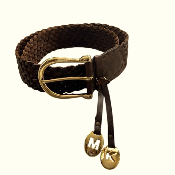 Michael Kors Brown Woven Leather Belt Size Medium Gold Colored Hardware Boho